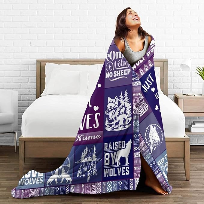 Custom Wolf Blanket with Name for Women Men, Personalized Cool Wolf Themed Design Printed Throw Blankets for Teens Adults Couch Bed, Giftable Blanket, 60"x 80"