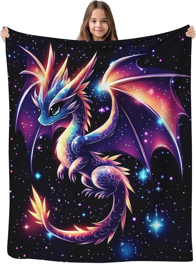 GNEW Cute Galaxy Dragon Throw Blanket, Kawaii Dragon Gifts for Kids, Sparkle Galaxy Starry Stars Animal Print Blanket, Blue Purple Pink Black, 60"x50"
