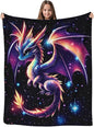 GNEW Cute Galaxy Dragon Throw Blanket, Kawaii Dragon Gifts for Kids, Sparkle Galaxy Starry Stars Animal Print Blanket, Blue Purple Pink Black, 80"x60"