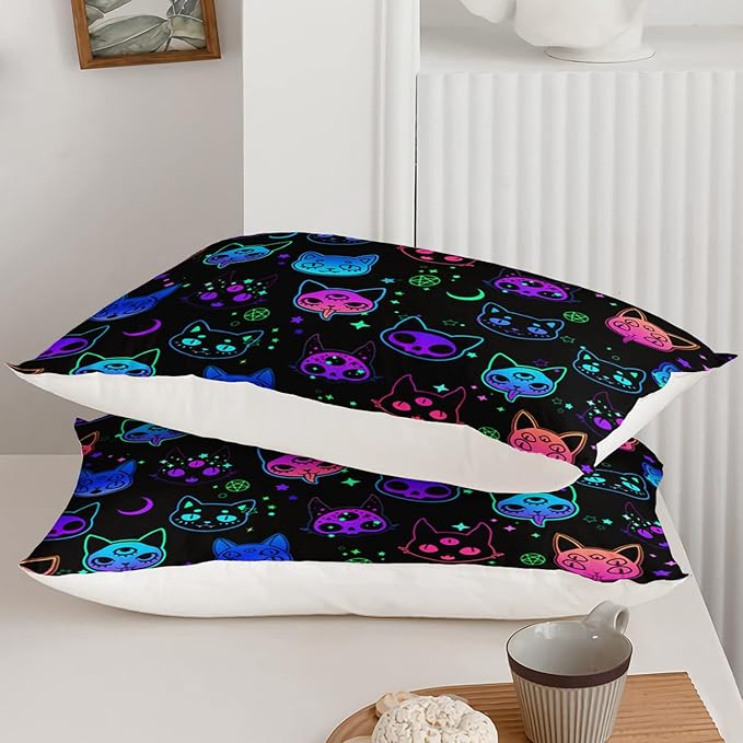 Axolotl Cat Comforter Set Full,Kawaii Trippy Cat Moon Stars Bedding Set with 1 Comforter 2 Pillowcases for Kids Boys Girls Teens Adults Room Decor All Season,Colorful Neon Trippy Bed Set