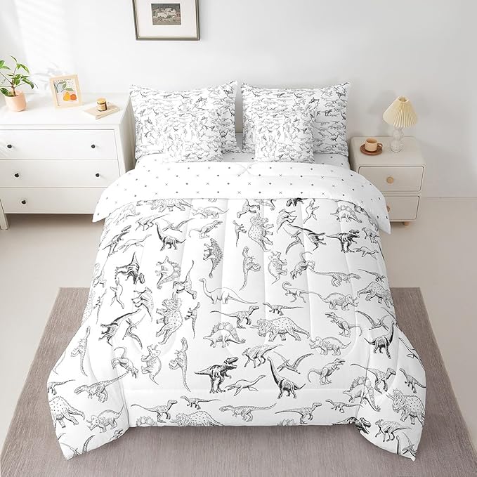 Feelyou Dinosaur Comforter Set With Sheets 7 piece Queen Size 3D Digital Print Bedding Set Jungle Dino Bed in a Bag Wild Animal Black and White Bed Set with Comforter,Sheets,Pillowcases,Cushion Covers