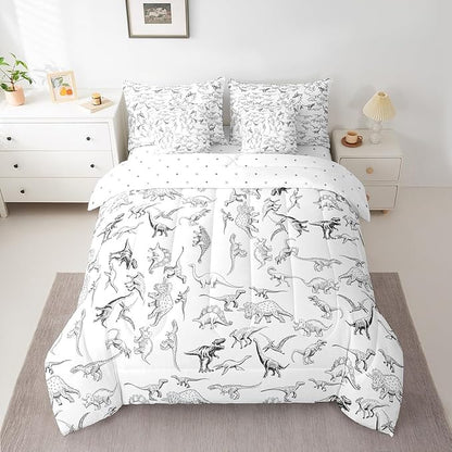 Feelyou Dinosaur Comforter Set With Sheets 7 piece Queen Size 3D Digital Print Bedding Set Jungle Dino Bed in a Bag Wild Animal Black and White Bed Set with Comforter,Sheets,Pillowcases,Cushion Covers