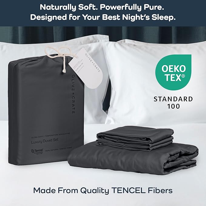 Olive + Crate Tencel Eucalyptus Cooling Duvet Cover Set - Hypoallergenic, Lyocell Tencel Duvet Cover - Soft, Temperature Regulating with Hidden Button Closure & Corner Ties - Oversized King [Charcoal]