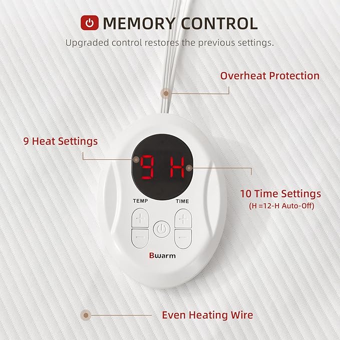 Bwarm Waterproof Heated Mattress Pad, ETL Certified Bed Warmer with Memory Function with 9 Heat Settings, 1-12 Hours Auto Off Deep Pocket, Machine Washable, White Twin XL