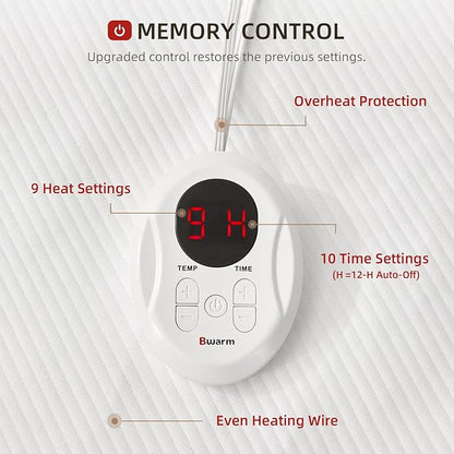 Bwarm Waterproof Heated Mattress Pad, ETL Certified Bed Warmer with Memory Function with 9 Heat Settings, 1-12 Hours Auto Off Deep Pocket, Machine Washable, White Twin XL