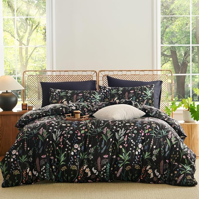 Floral Duvet Cover Queen Black 3 Pieces Elegant Botanical Flower Bedding Set Farmhosue Aesthetic Bedding Soft Microfiber Duvet Cover Set with 2 Pillowcases