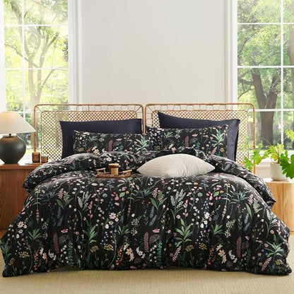 Floral Duvet Cover Queen Black 3 Pieces Elegant Botanical Flower Bedding Set Farmhosue Aesthetic Bedding Soft Microfiber Duvet Cover Set with 2 Pillowcases