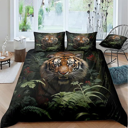 Cartoon Tiger Bed Sheets Twin Size with 1 Pillow Cases Standard Size, Fitted Flat Sheet for Kids Boys Teens Adult Bedroom Decor, Animal Bed Sheets Floral Petal Country Bedding Decor