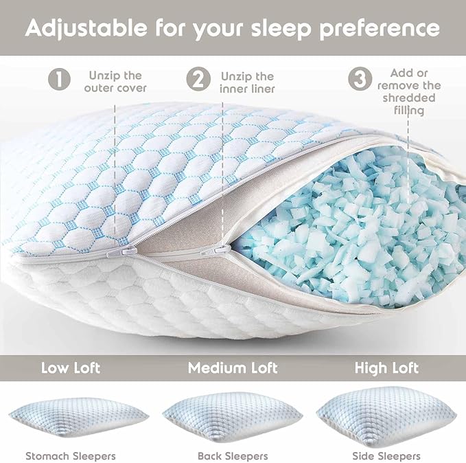 Nestl Cooling Pillow for Sleeping 1 Pack, Luxury Shredded Memory Foam Pillows Queen Size, Adjustable Cold Gel Pillows for Hot Sleepers Supportive Cool Pillow for Side Back Stomach Sleepers