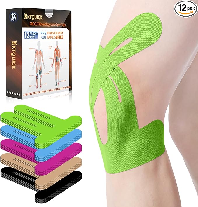 PreCut Kinesiology Tape for Knees, 12 PCS Waterproof KTQUICK Knee Tape for Knee Pain Relief Pre Cut, Original Cotton Athletic Knee Tape, Waterproof & Hypoallergenic Latex-Free for Sports (Green)