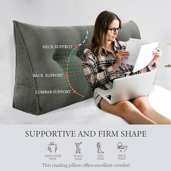 14 lbs Thickened King Wedge Pillow Headboard Body Positioner Triangular Reading Pillow Bed Bolster Pillow for Sitting in Bedwith Removable Cover Gift for Mom Backrest Cordury Gray