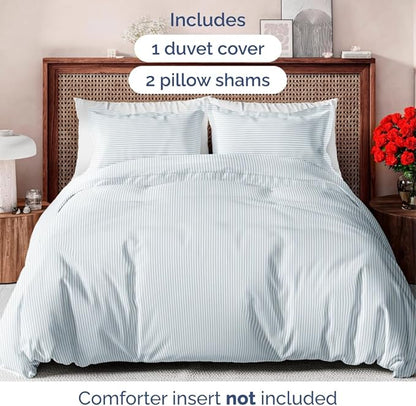 Duvet Cover Queen Size Set - Extra Soft Floral Duvet Cover 90 x 90 with 2 Pillow Shams - Comfy, Cozy, Breathable Floral Bedding Set - Hotel Luxury & Fade Free with Zipper Closures & Ties - Sky Stripe