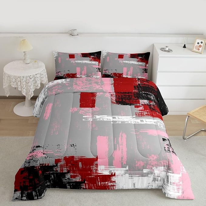 Feelyou Abstract Bedding Set Kids Modern Abstract Art Comforter Set Red Grey Pink Black Comforter for Boys Room Decor Lightweight Retro Duvet Set Queen Size with 2 Pillow Case