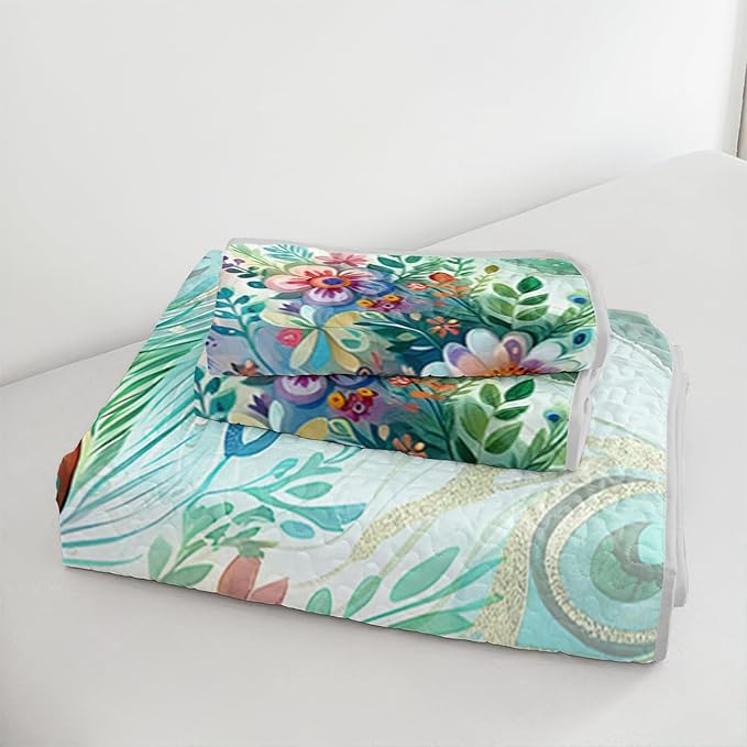 Teal Blossom Peacock Animal Quilt Bedding Full 3Pcs Flower Butterfly Pattern Bed Set Watercolor Feather Lightweight Bedspread Coverlet with 2 Pillowcases for Kid Boy Girl Teen Adult Room Decor