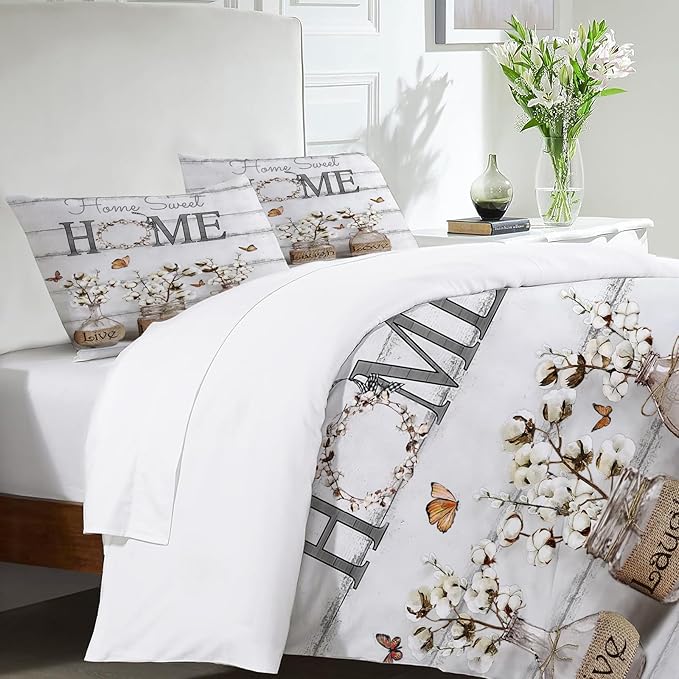 Cotton Flower Theme 3 Pieces Duvet Cover Comforter Set with 2 Pillowcase King Size White Floral Bed Sheet Quilt Bedroom Bedding for Lover Kids