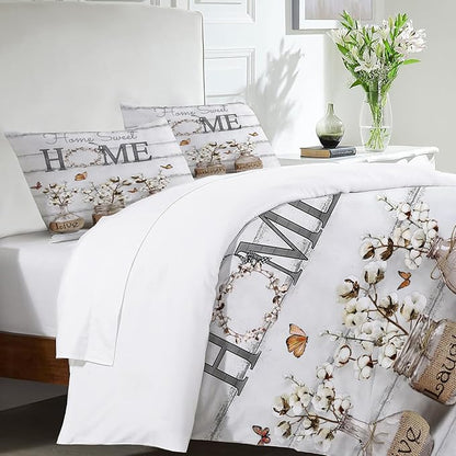 Cotton Flower Theme 3 Pieces Duvet Cover Comforter Set with 2 Pillowcase Full Size White Floral Bed Sheet Quilt Bedroom Bedding for Lover Kids
