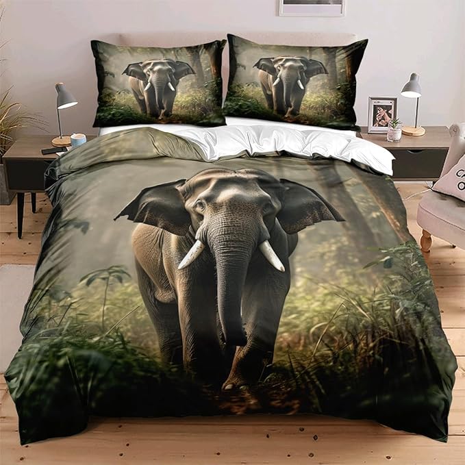 Elephant Duvet Cover Set Twin Wildlife Elephant Forest Plants Trees Natural Scenery Print Bedding Set Soft Microfiber Quilt Set with 2 Pillowcases for Kids Teens