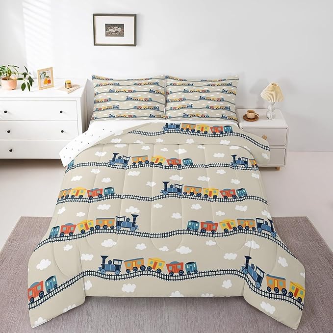 Erosebridal Kids Cartoon Train Bedding Sets Full for Boys Cute Truck Car Themed Comforter Set Kawaii Steam Engine Duvet Insert White Clouds Watercolor Beige Print Comforter for Kids Bedroom