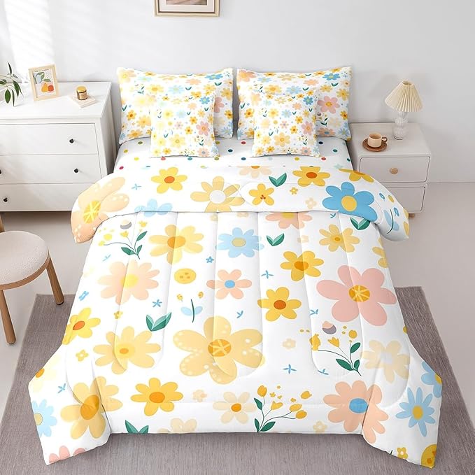 Feelyou Cute Flower 7 Piece Bedding Set King Size Kids Cartoon Cute Floral Bed in a Bag for Girls Teens Bright Yellow Comforter Set with Sheets Kawaii Bed Set