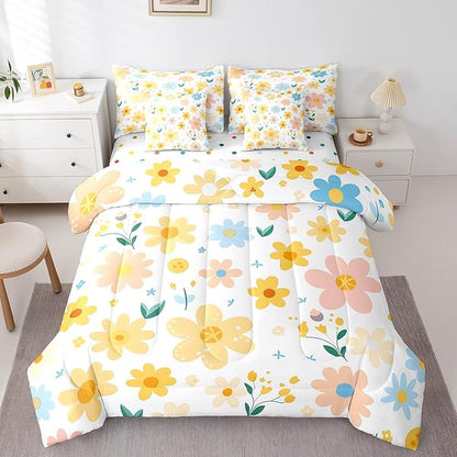 Feelyou Cute Flower 7 Piece Bedding Set King Size Kids Cartoon Cute Floral Bed in a Bag for Girls Teens Bright Yellow Comforter Set with Sheets Kawaii Bed Set