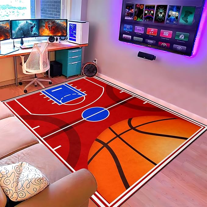 Basketball Court Rug - Basketball Rug for Boys Bedroom, Sports Decor for Boys Bedroom Kids Carpet, Sports Themed Carpets for Playroom Living Room Floor Mat or Door mat, 3x5 Feet
