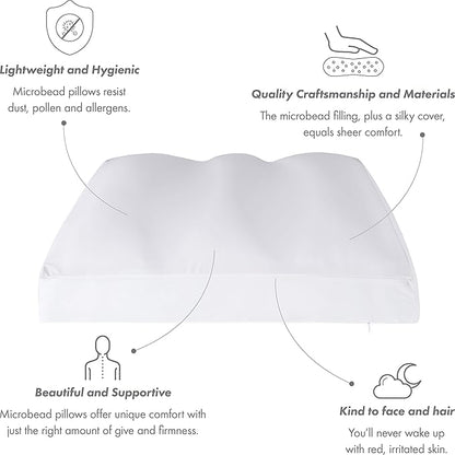 PILLOWY Premium Microbead Bed Pillow, Medium Extra Fluffy But Supportive - Ultra Comfortable Sleep with Silk Like Anti Aging Cover 85% Spandex/ 15% Nylon Breathable, Cooling White