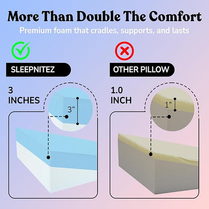 Sleepnitez 12" Bed Wedge Pillow for Sleeping After Surgery, Back Support, Leg Elevation, GERD Acid Reflux, Neck Pain Relief, Sleep Apnea, Snoring, Cooling 3.0" Memory Foam Top Triangle Incline Wedge