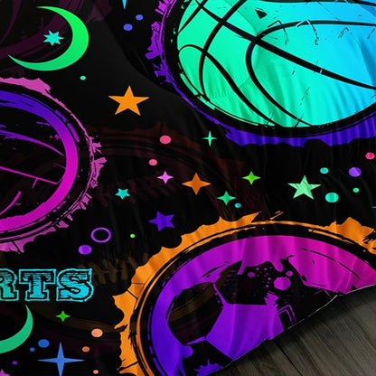 Ball Games Bedding Basketball Football Baseball Queen Comforter Set,Colorful Neon Stars and Moon Bedding Set for Kids Girls Boys Room Decor,Sports Aesthetic Bedding Sets with 2 Pillowcases.
