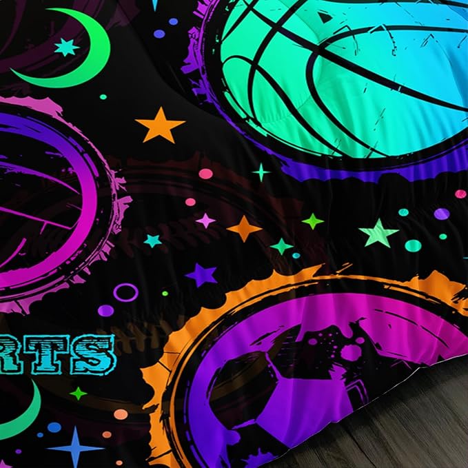 Ball Games Bedding Basketball Football Baseball King Comforter Set,Colorful Neon Stars and Moon Bedding Set for Kids Girls Boys Room Decor,Sports Aesthetic Bedding Sets with 2 Pillowcases.