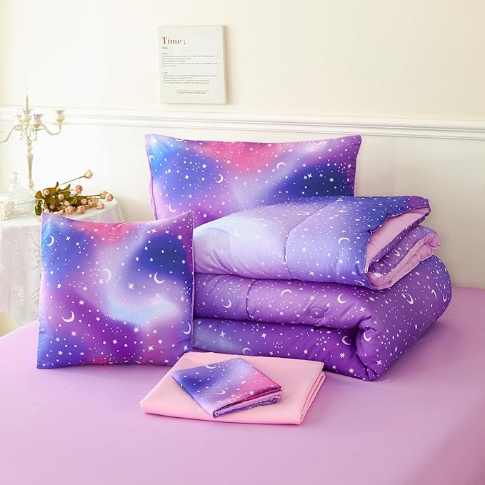 URBONUR 6Pcs Glitter Comforter Set for Girls Full Size Colorful Gradient Galaxy Bedding Set Kids Teen Comforter Sets Bed in A Bag Full (Purple Blue)