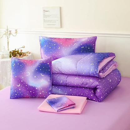 URBONUR 6Pcs Twin Comforter Set for Girls Colorful Pink Purple Blue Gradient Galaxy Printed Bedding Set Kids Teen Bed in A Bag