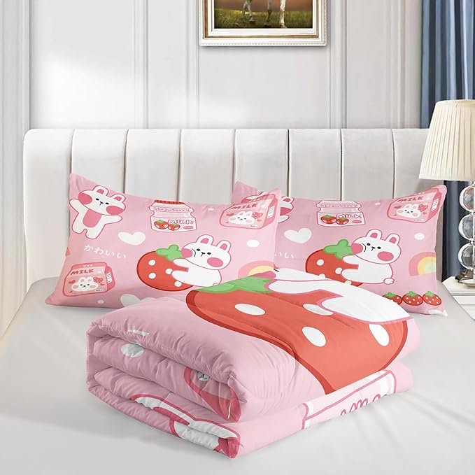QOOMO Strawberry Rabbit Comforter Set for Kids Teens Girls Women,Pink Bunny Kids Comforter,1 Comforter with 2 Pillowcase, Microfiber 3 Piece Bedding Set,for All Seasons(Pink，King Size)