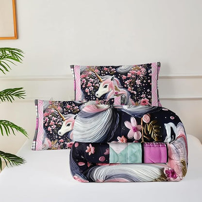 Unicorn Queen Size Comforter Set for Girls，Pink Unicorn Queen Size Bedding Set，Pink Floral Quilt Bed Set Queen，with 1 Comforter with 2 Pillow Case