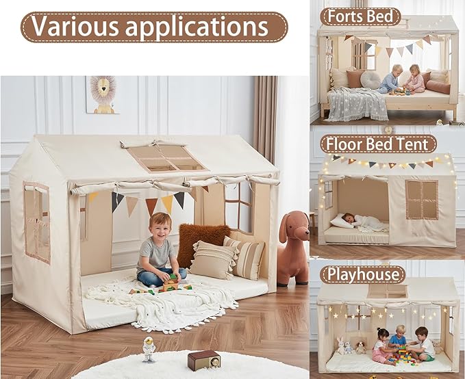 Twin Bed Tent Indoor Bed Canopy Kids Tents for Girls Boys with 2 Doors, Breathable Private Space Floor Fort Bed Tents for Kids Sleeping Tent (Twin, Khaki)