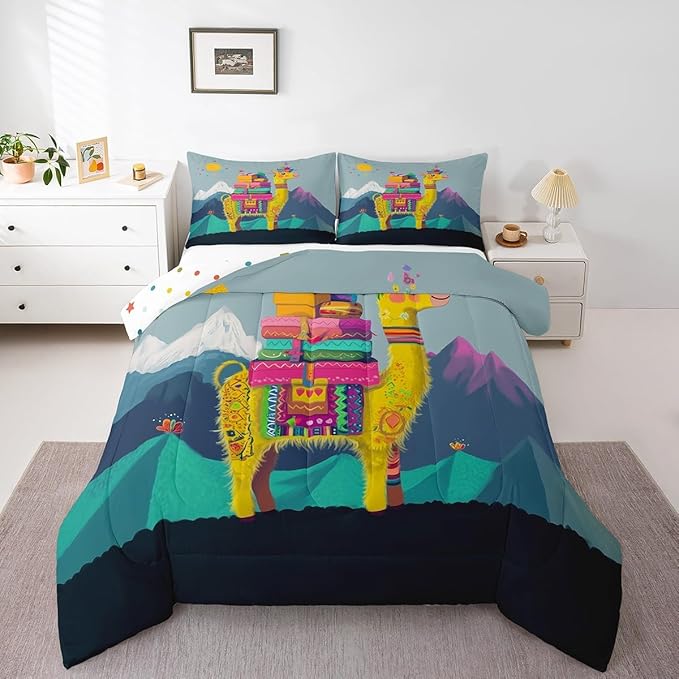Cartoon Alpaca Comforter Set Twin Size for Kids Adventure Travel Theme Bedding Sets All Season Bohemia Exotic Animal Quilt Set Bedroom Decor Mountain Landscape Down Comforter,2Pcs