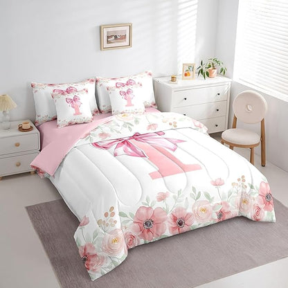 Erosebridal Initial Letter I Bed in A Bag for Girls Kids Young Woman, Cute Pink Bow Tie Bowknot Bedding Sets Flower Floral Dreamy Princess Style Comforter Set with Sheets Queen Size 7 Pieces