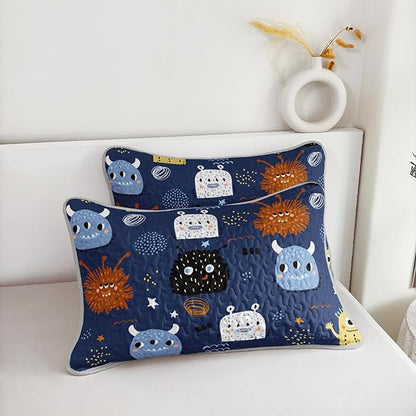 AILONEN Cartoon Monster Quilt Set King Size Hip Hop Bedspread Coverlet for Kids Boys,Funny Navy Blue Bedding with 2 Pillowcases,Bed Cover