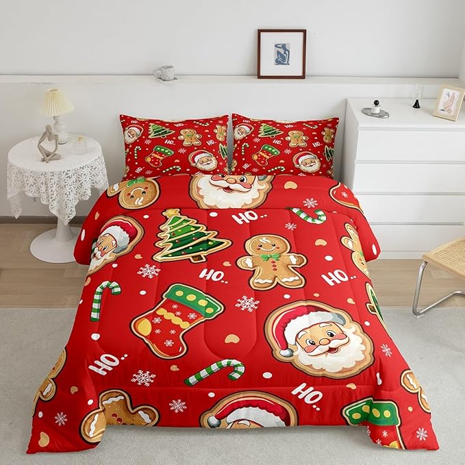 Erosebridal Santa Claus Comforter Set King,Cute Gingerbread Man Bedding for Kids Child Teens,Cartoon Christmas Tree Snowflake Comforter Sets,Red Green Xmas Duvet Insert with 2 Pillowcases
