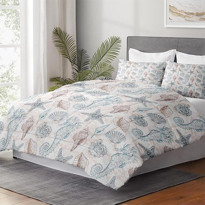 Full Size Comforter Set with 2 Pillowcase, Sea Shells Seahorse Coral Soft 3 Pcs Bedding for Kids and Adults, Underwater Seashell Retro Comforter Set for Room Bedroom Bed Decor