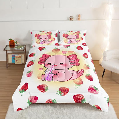 HOSIMA Pink Kawaii Axolotl Bedding Comforter Set for Kids,Cartoon Strawberry Milk Tea Print Comforter Set Bedroom Decoration Twin Size for Children Girl with 2 Pillowcases.