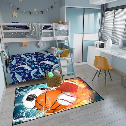 Basketball Rug for Boys Bedroom 3'x5' Kids Football Carpet Water Fire Sports Rugs for Boys Bedroom Baseball, Soccer Rug for Playroom Living Room Decor Sofa Mat