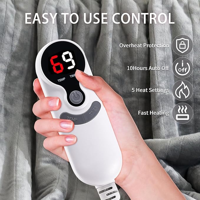 Heated Electric Blanket 62"x84" Twin Size Thickened Flannel and Sherpa with 6 Heating Levels & 10 Hours Auto-Off Overheating Protection-Light Gray