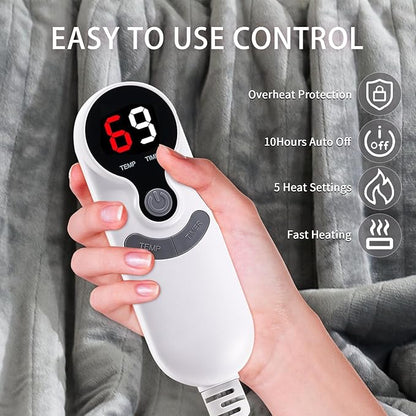 Heated Electric Blanket 62"x84" Twin Size Thickened Flannel and Sherpa with 6 Heating Levels & 10 Hours Auto-Off Overheating Protection-Light Gray