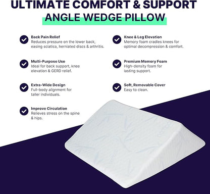 The Angle Wedge Pillow for Back Pain Relief – Leg Elevation Pillow for Bed, Knee Wedge Bolster Pillow for Lower Back Support, Triangle Foam Cushion for Sleeping & Comfort (Large)
