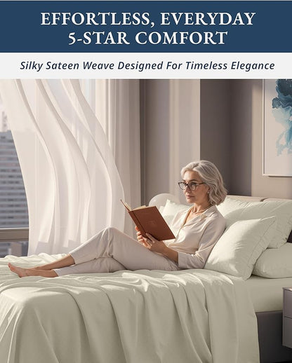 100% Egyptian Cotton King Size Sheets Set – Silky Sateen Weave for Warm Winter Comfort, Ultra Soft & Durable Christmas Sheets King Size, Snug Fit 15" Deep Pocket, Luxury Hotel Comfort at Home - Ivory