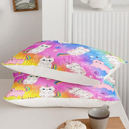 Axolotl Cat Bedding Queen Cartoon Cat Comforter Set,Rainbow Printed Kids Bedding Set for Girls Kids Adults Teens,Kids Comforter Set All Season,1 Quilt 2 Pillow Cases,Colorful Pink Blue