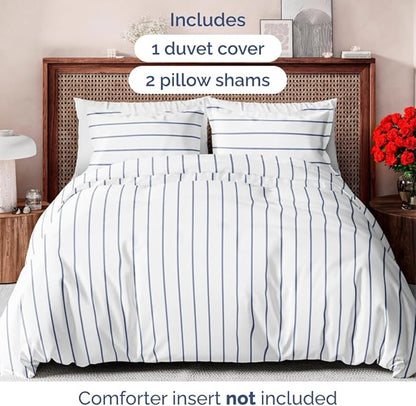 Duvet Cover King Size Set - Extra Soft Floral Duvet Cover 104 x 90 with 2 Pillow Shams - Comfy, Cozy, Breathable Floral Bedding Set - Hotel Luxury & Fade Free with Zipper Closures & Ties - Navy Stripe