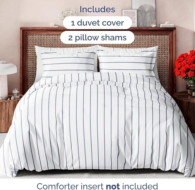 Duvet Cover Queen Size Set - Extra Soft Floral Duvet Cover 90 x 90 with 2 Pillow Shams - Comfy, Cozy, Breathable Floral Bedding Set - Hotel Luxury & Fade Free with Zipper Closures & Ties - Navy Stripe