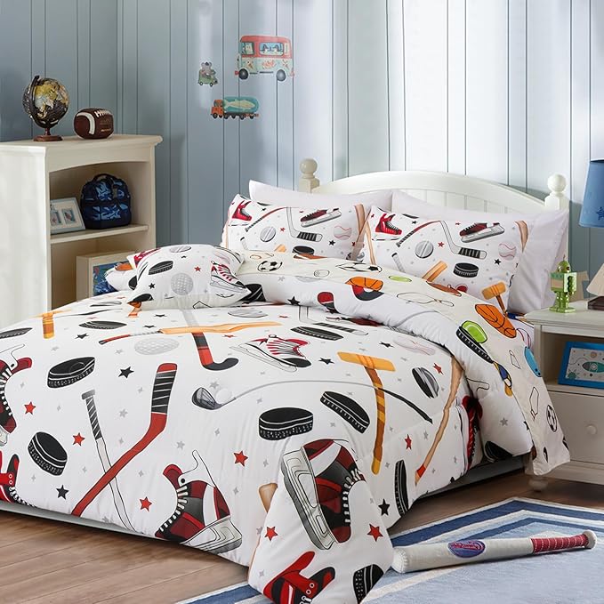 A Nice Night 6Pcs Twin Boys Bedding Set, Sports Themed Comforter with Ice Skates & Baseball Bat Design, Athletic Decor for Boys Bedroom(White)
