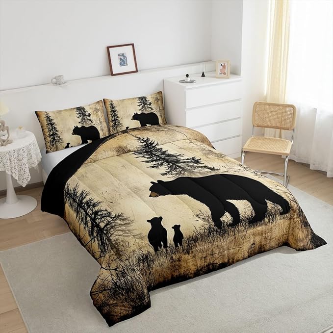 Feelyou Bear Bedding Set Full Size Kids Rustic Cabin Country Comforter Cover for Boys Girls Teens Wild Animal Brown Beige Duvet Cover Breathable Soft Lightweight Microfiber Quilt Set